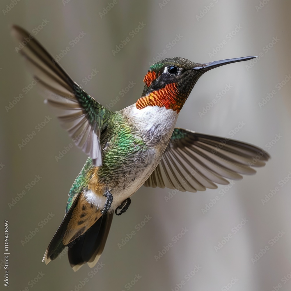 Fototapeta premium Male Ruby throated hummingbird flying.