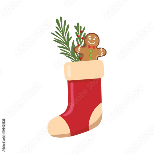 Christmas stocking with gingerbread man and festive greenery illustration