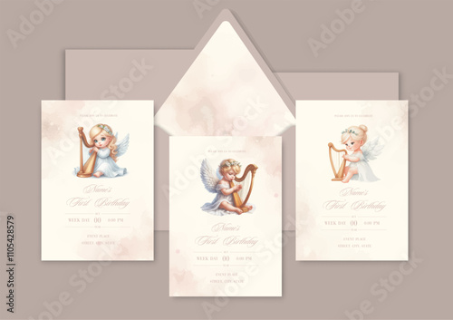 First birthday watercolor Invitation Template card with blonde baby girl angel playing harp.