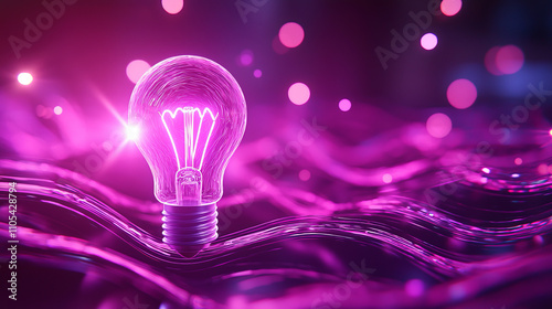 glowing pink lightbulb emerges from vibrant, abstract background, symbolizing creativity and innovation. scene is filled with dynamic energy and futuristic elements