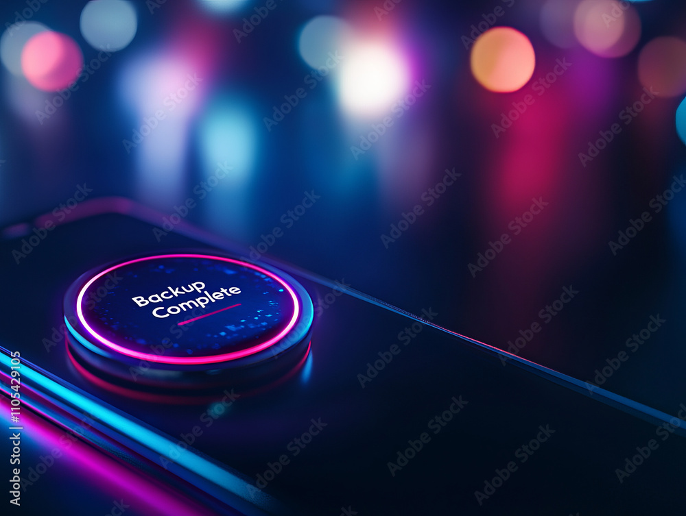 Fototapeta premium close up of device screen displaying Backup Complete notification, surrounded by vibrant neon lights, creating futuristic and secure atmosphere