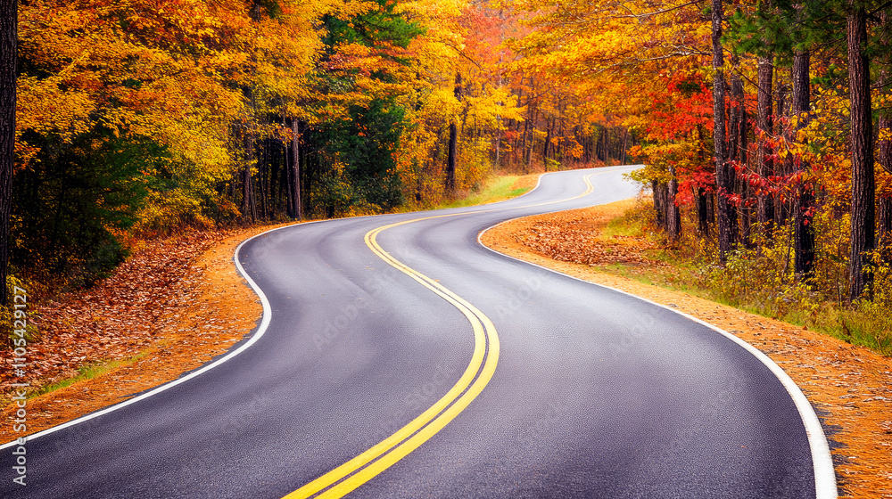 Naklejka premium Colorful landscape with empty road in woods in fall season.