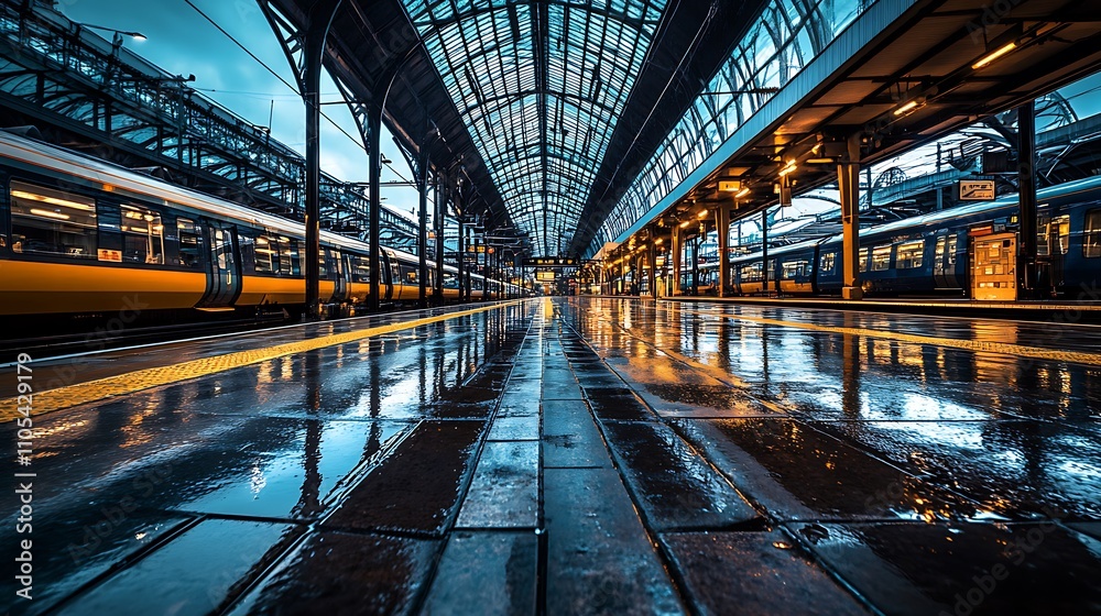 Rainy Night at the Train Station: A Captivating View of Gleaming Tracks Rainy Night at the Train Station: A Captivating View of Gleaming Tracks