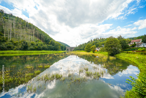 Reservoir on the dam wall at Diemelsee and the surrounding landscape. Nature at the Diemel Dam in the Sauerland.
 photo