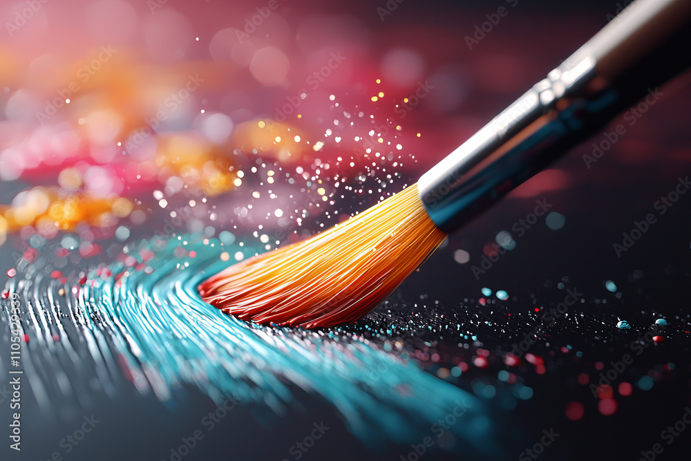Fototapeta premium close up of paintbrush creating vibrant strokes on canvas, with colorful splashes and particles adding dynamic energy to artwork. scene captures essence of creativity and artistic expression