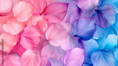 A vibrant abstract background featuring an array of colorful leaves in shades of pink, light blue and purple.