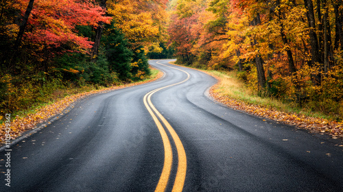 Road with fallen leaves in beautiful forest in golden autumn.