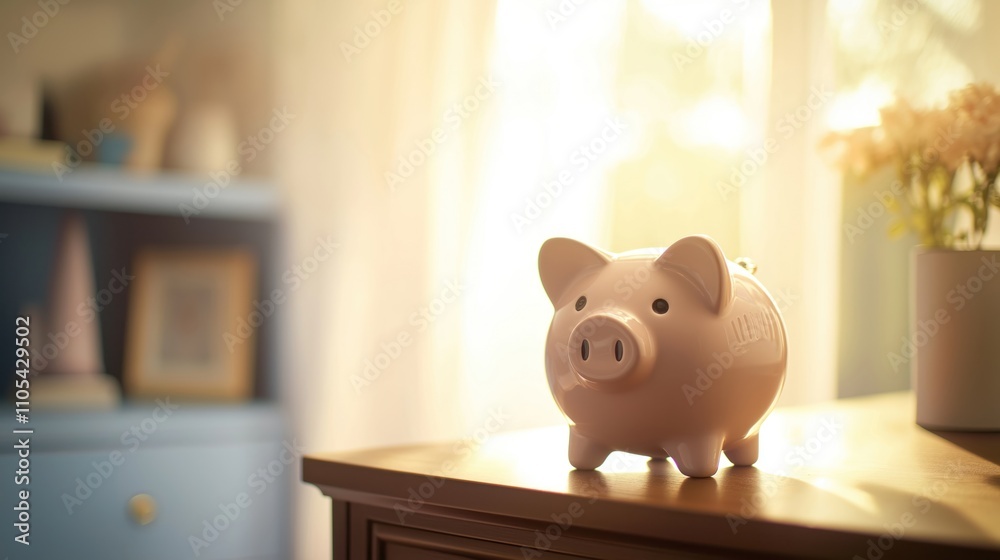 Piggy bank sits on dresser in bright room. Sunlight shines on piggy bank, dresser. Home decor, furnishing visible. Image shows simple but cozy domestic scene. Good for saving money, financial topics. Piggy bank sits on dresser in bright room. Sunlight shines on piggy bank, dresser. Home decor, furnishing visible. Image shows simple but cozy domestic scene. Good for saving money, financial topics.