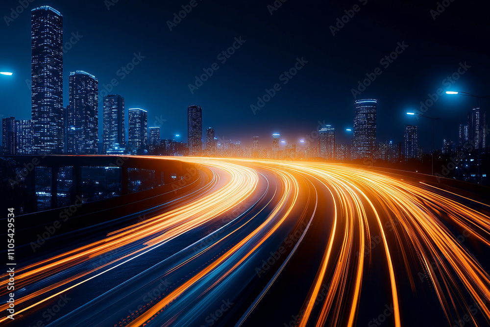 Obraz premium dynamic cityscape at night with illuminated roads forming vibrant light trails against backdrop of towering skyscrapers, creating futuristic and energetic urban atmosphere