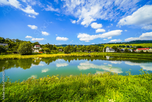 Reservoir on the dam wall at Diemelsee and the surrounding landscape. Nature at the Diemel Dam in the Sauerland.
 photo