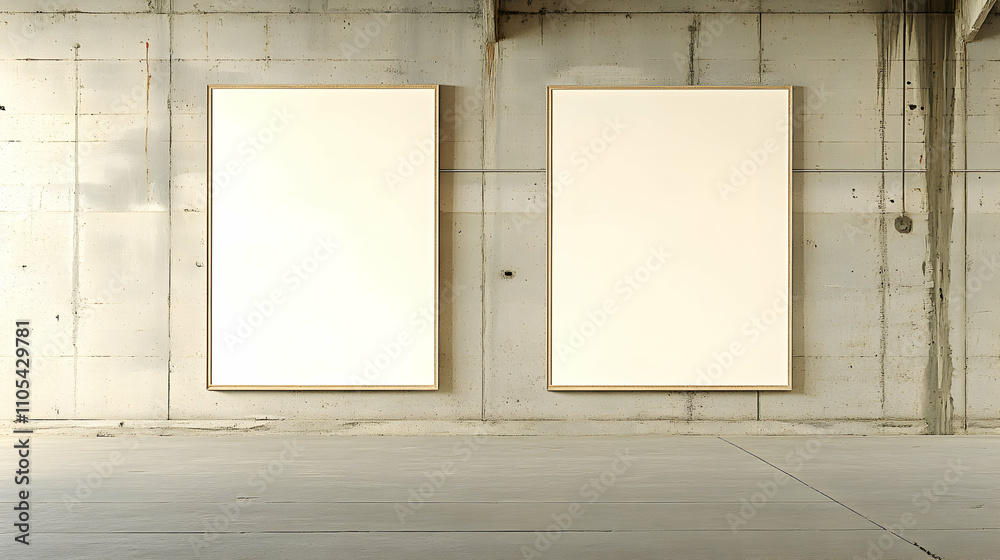 Two Blank Canvas Frames Hanging on a Concrete Wall with Wood Floor Two Blank Canvas Frames Hanging on a Concrete Wall with Wood Floor