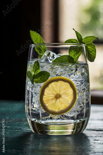 Glass of chilled lemon water photo