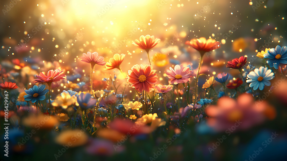 A vibrant field of wildflowers basking in the warm glow of the setting sun, illuminated by a gentle rain of golden light, creating a magical and dreamy atmosphere. A vibrant field of wildflowers basking in the warm glow of the setting sun, illuminated by a gentle rain of golden light, creating a magical and dreamy atmosphere.