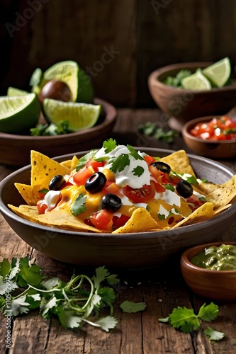 Deliciously tempting plate of nachos piled high with crispy tortilla chips