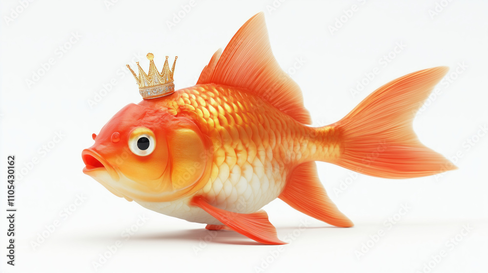Fototapeta premium Goldfish with a crown on a white background. Orange aquarium fish, 3D character