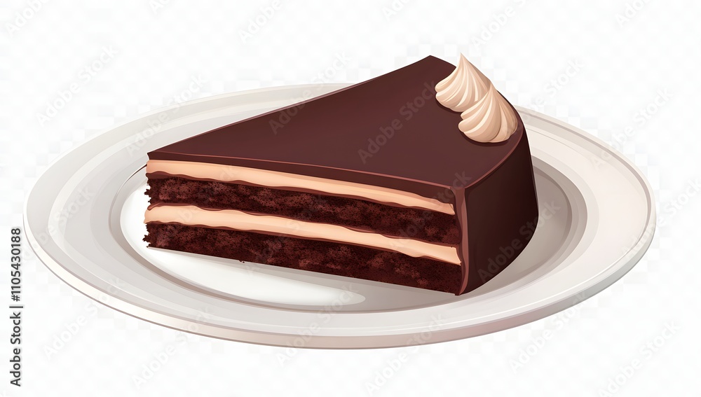 A delectable slice of chocolate layer cake, adorned with creamy swirls, sits on a pristine white plate. Indulge in this rich dessert! A delectable slice of chocolate layer cake, adorned with creamy swirls, sits on a pristine white plate. Indulge in this rich dessert!