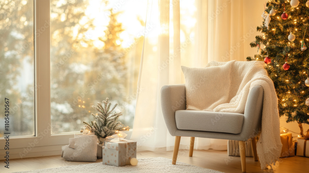 Fototapeta premium Cozy reading nook with chair, blanket, and Christmas tree