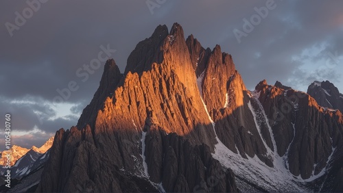 Generative AI, Jagged Mountain Peak at Sunset with Snow-Dusted Ridges