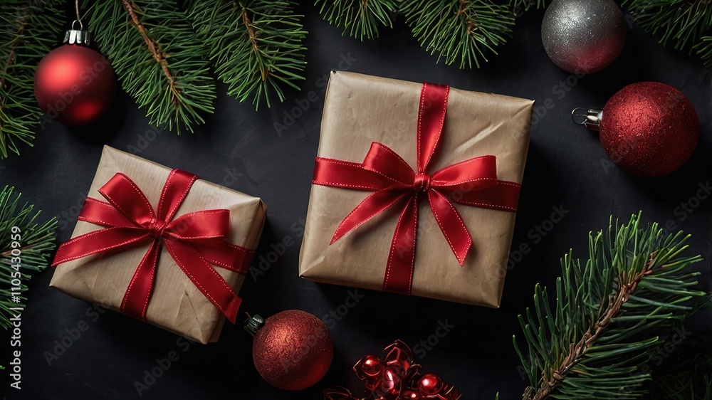 A top-down view of festive Christmas decorations featuring a wrapped gift, pine branches, red ornaments, on a dark background creating a cheerful holiday atmosphere, 8k Resolution A top-down view of festive Christmas decorations featuring a wrapped gift, pine branches, red ornaments, on a dark background creating a cheerful holiday atmosphere, 8k Resolution