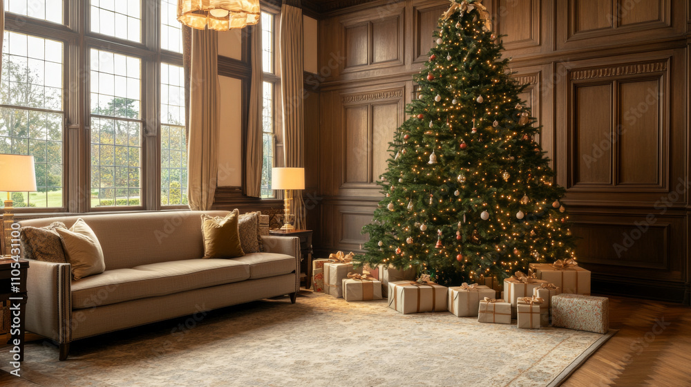 cozy living room with large Christmas tree and gifts cozy living room with large Christmas tree and gifts
