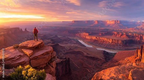 A hiker standing on the edge of a dramatic cliff, overlooking a vast canyon at sunset, warm orange and pink hues blending into the horizon, rugged textures of the landscape, inspiring and adventurous photo
