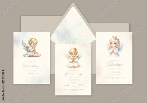 Watercolor Invitation Template card with newborn blond baby angel prays sacrament of baptism.