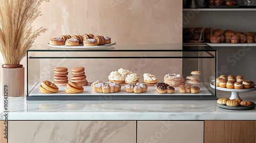 A modern bakery display showcasing an assortment of pastries, including macarons, eclairs, and cinnamon rolls, vibrant natural light illuminating the glass counter, elegant and tempting aesthetic