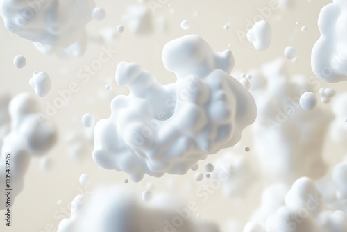Abstract background shows white foam shapes floating in air. Soft light creates gentle atmosphere. Soft white foam shapes various forms, sizes. Appear light, airy. Fluid forms in air, light color
