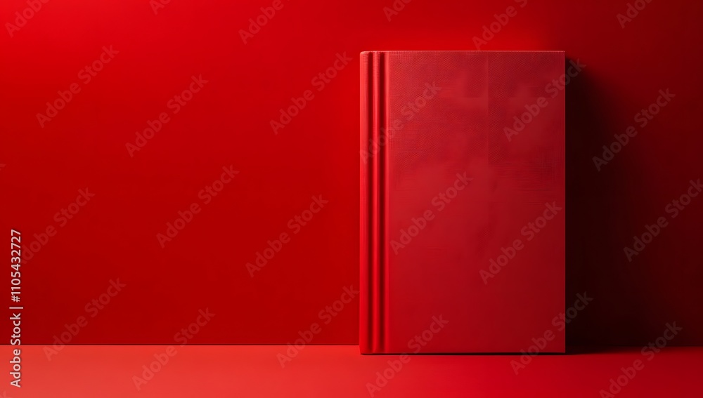 A single, crimson book stands against a bold red backdrop. The vibrant color creates a striking visual. A single, crimson book stands against a bold red backdrop. The vibrant color creates a striking visual.