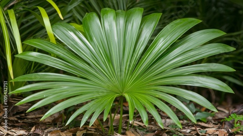 Lush Tropical Forest Scene with Rattan and Palm Leaves in Dappled Light