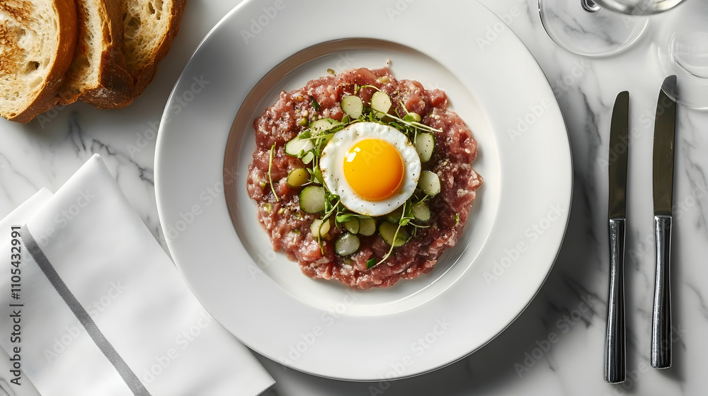 Classic Beef Tartare with Quail Egg and Cornichons, French Bistro Photography Classic Beef Tartare with Quail Egg and Cornichons, French Bistro Photography