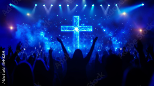  Easter concert with people cheering in front of the stage and a cross on it glowing with blue lights.  photo