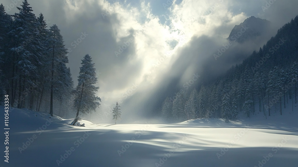 Sunlight breaking through clouds over a snow-blanketed meadow. Sunlight breaking through clouds over a snow-blanketed meadow.