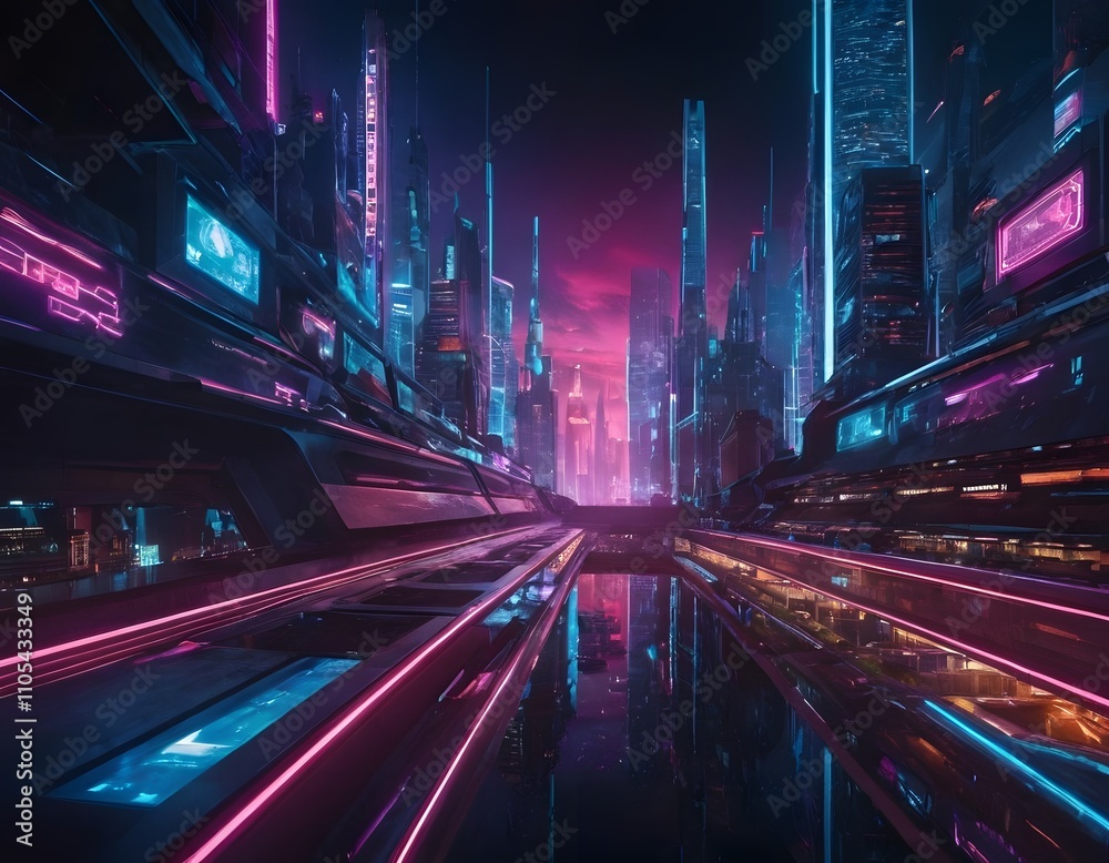 Fototapeta premium Modern neon city urban architecture, colorful and neon light effect. Modern hi-tech, science, futuristic technology concept. Abstract digital high tech city design for banner background