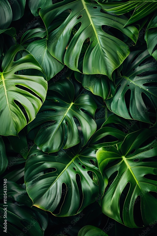 Close-up view of large, glossy monstera leaves layered densely, showcasing their unique cutouts. The lush greenery evokes a peaceful tropical vibe, ideal for relaxation