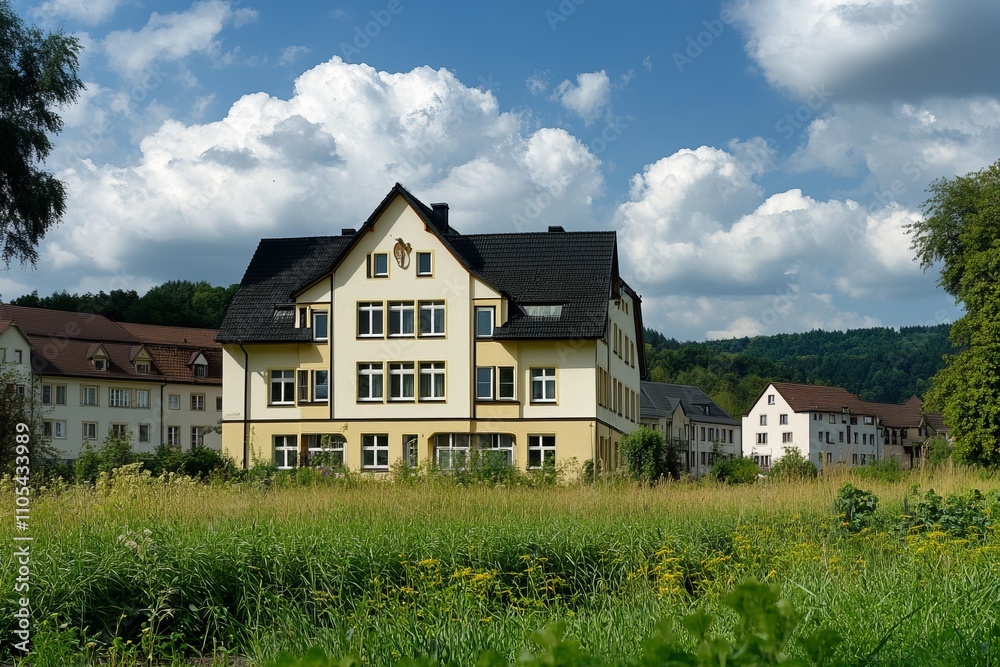Charming European Townhouses Nestled in a Picturesque Rural Setting. A Serene Countryside View with Houses and Grassy Fields. A Perfect Summer Day in a Small Village. Charming European Townhouses Nestled in a Picturesque Rural Setting. A Serene Countryside View with Houses and Grassy Fields. A Perfect Summer Day in a Small Village.