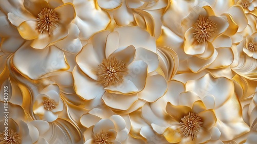 Gold, cream flowers create 3D mural wallpaper. Intricate design features layered flower petals. Luxury, elegance inspire. High-quality AI generated image perfect for interior design projects.
