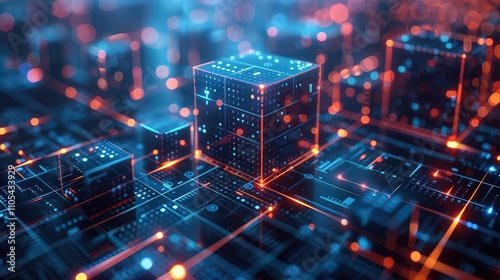 3D Render of Cube Technology at Converging Circuit Points on Abstract Blue Background Representing Blockchain, Big Data, and Digital Security