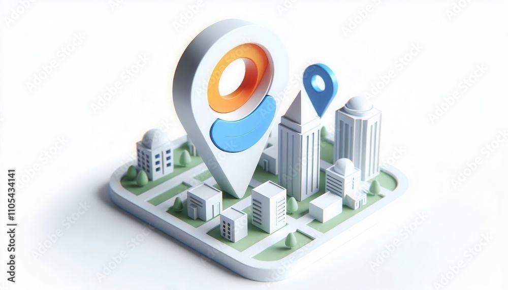 Isometric city map visualization with blue location marker and white buildings creating miniature urban landscape Isometric city map visualization with blue location marker and white buildings creating miniature urban landscape