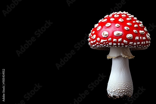 A vibrant red mushroom with white spots stands against a dark background, showcasing its unique and striking appearance.