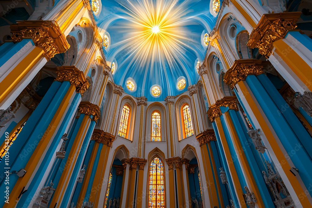 Obraz premium A stunning interior of a church featuring vibrant blue and gold colors, with a beautifully detailed ceiling radiating light.