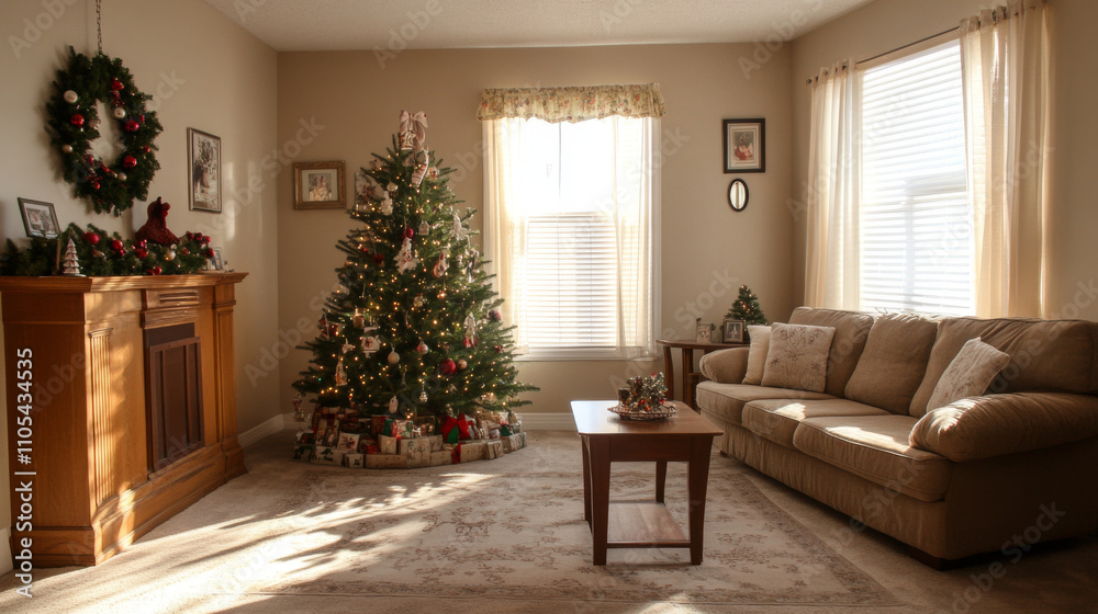 Fototapeta premium cozy living room featuring decorated Christmas tree and warm decor