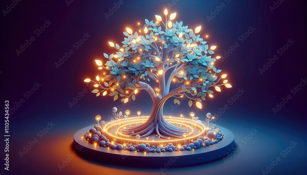 Glowing tree of life under glass dome with illuminated branches and magical light effects on dark platform Glowing tree of life under glass dome with illuminated branches and magical light effects on dark platform