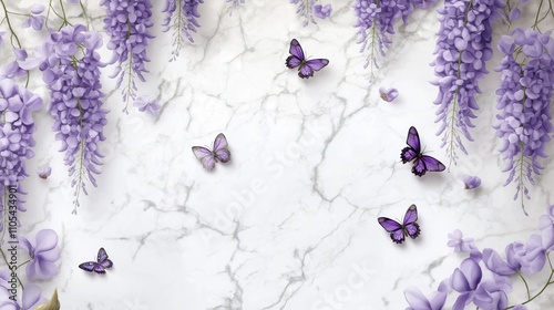 Purple syringa flowers, butterflies on marble background. Floral design with delicate purple flowers, butterflies. Elegant, beautiful. Suitable for wallpaper, home decor, as graphic art print.