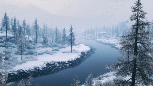 A panoramic view of a snowy forest with a calm river winding through the frosty landscape.