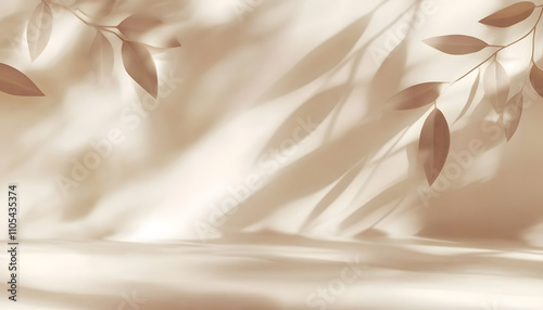 Beuty abstract background in neutral beige colors for product presentation. Shadows of vegetative leaves on wall for modern minimalist mockup backdrop.