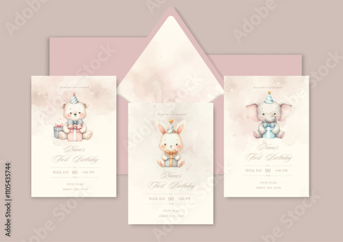 Watercolor Invitation Birthday Template card with animal celebrate birthday with gifts.