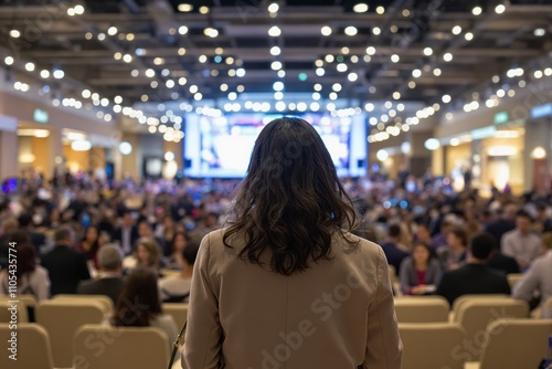 Back view of a female speaker giving a speech in front of people at convention center
