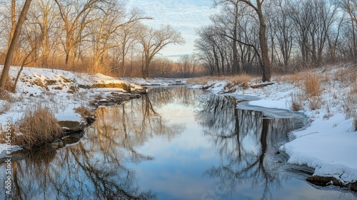 A peaceful winter scene with a meandering river reflecting the pale blue sky above.