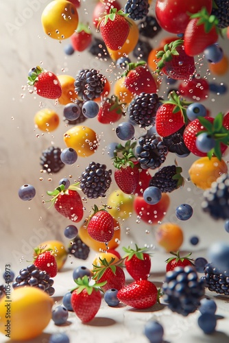 A colorful assortment of strawberries, blueberries, blackberries, and yellow fruits floats in the air, surrounded by bubbles of water. The scene captures freshness and vitality